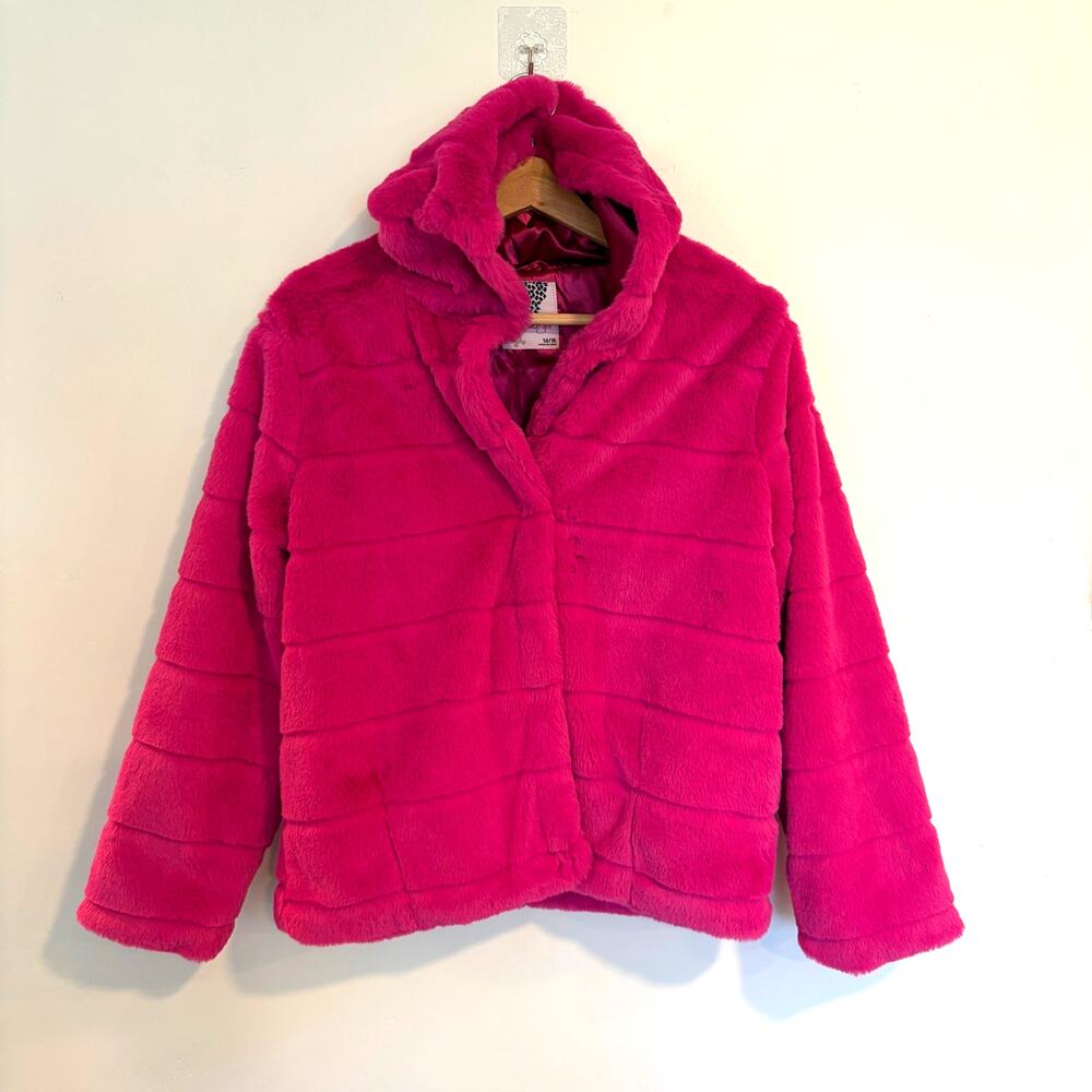 Hot Barbie Pink Faux Fur Jacket Womens Size S Y2K Festival Hood Plush Teddy Cozy